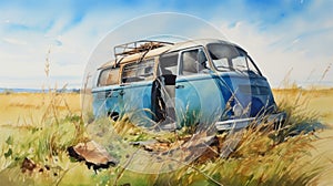 Elegant Watercolor Still-life Crashed Van In Grassy Field
