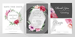 Elegant watercolor wedding invitation card template design set with roses flowers vector