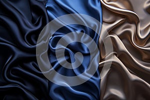 Elegant wavy silk or satin fabric of navy blue and brown color with folds, shiny drapery texture, 3d, generative ai