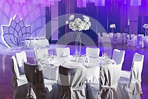 Elegant wedding banquet decoration and table setting in the restaurant