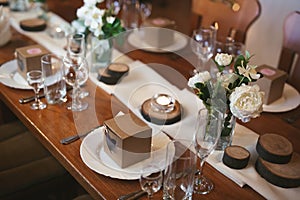 Elegant wedding banquet decoration and table setting in the restaurant