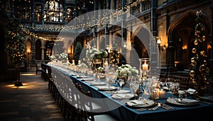 Elegant wedding banquet, illuminated by candlelight, in luxurious dining room generated by AI