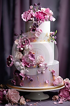 Elegant wedding cake adorned with pink and purple floral decorations