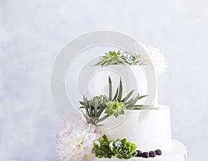 Elegant wedding cake with flowers and succulents.