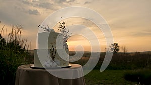 Elegant wedding cake at sunset.