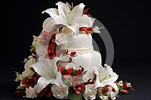 Elegant wedding cake with white lilies and red roses