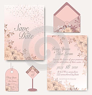 Elegant wedding cards consist of various kinds of flowers