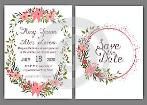 Elegant wedding cards consist of various kinds of flowers