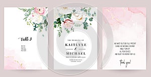 Elegant wedding cards with pink watercolor texture and spring flowers