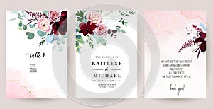 Elegant wedding cards with pink watercolor texture and spring flowers