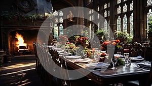 Elegant wedding celebration indoors flower decoration, candlelit dining table generated by AI