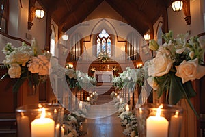 Elegant wedding ceremony setup in church interior