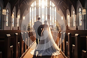 Elegant wedding couple in church aisle