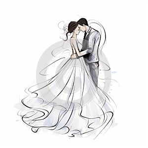 Elegant Wedding Couple Illustration In Flowing Brushwork Style