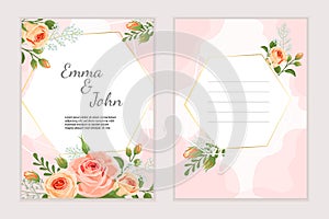 Elegant wedding design templates set  with beautiful roses bouquets. Best for invitations, greeting card, flyers.