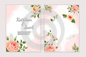 Elegant wedding design templates set  with beautiful roses bouquets. Best for invitations, greeting card, flyers.