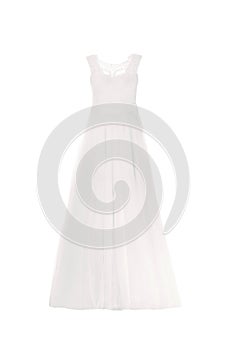 Elegant wedding dress on mannequin against white background. Custom made clothes