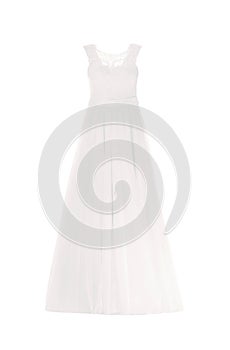 Elegant wedding dress on mannequin against white background. Custom made clothes