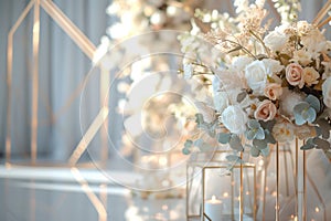 Elegant wedding floral arrangement with roses and candles creating a romantic ambiance.