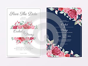 Elegant wedding invitation card template set with floral frame and border decoration. Garden roses and peonies cards background photo