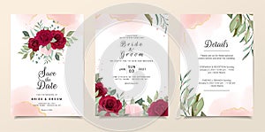 Elegant wedding invitation card template set with floral frame and fluid background. Roses and leaves botanic illustration for