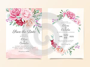 Elegant wedding invitation card template set with soft watercolor flowers decoration. Floral illustration background of peach photo