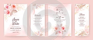 Elegant wedding invitation card template set with watercolor and floral decoration. Flowers background for social media stories,