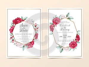Elegant wedding invitation card template with watercolor floral. Luxury wedding cards of flowers and golden decoration
