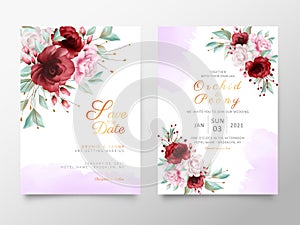 Elegant wedding invitation cards template with flowers and watercolor background. Textured surface background decoration