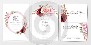 Elegant wedding invitation cards template set with watercolor flowers decoration