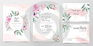 Elegant wedding invitation cards template with watercolor floral decoration. Floral frame and golden watercolor textured