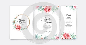 Elegant wedding invitation set template with roses flowes watercolor photo