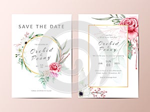 Elegant wedding invitation template cards with watercolor flowers and golden frame