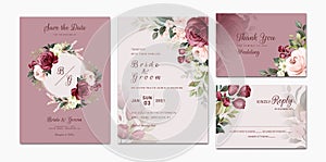 Elegant wedding invitation template set with burgundy and peach watercolor floral frame and border decoration. Botanic