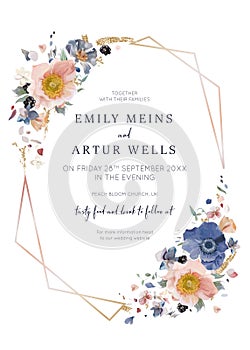 Elegant wedding invite card. Pastel, watercolor style flowers with golden geometrical frame. Editable, floral vector illustration