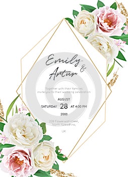 Elegant wedding invite, save the date card. Pink peony, cream white rose flowers, green leaves bouquet. Floral vector illustration