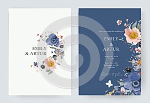 Elegant wedding invite save the date card set. Pastel watercolor style flowers. Editable floral vector illustration. Blue, pink
