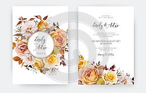 Elegant wedding invite, save the date card template set. Vector watercolor illustration. Yellow, peach, orange autumn garden rose