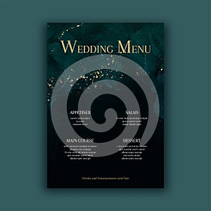 Elegant wedding menu design in green black and gold glitter