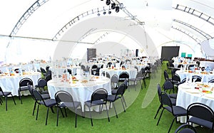 Elegant wedding reception area, ready for guests and the bridal party.