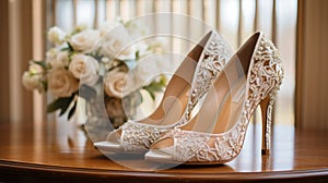 elegant wedding shoes, delicately placed on a vintage chair with soft lace detailing. The atmosphere is one of timeless romance.