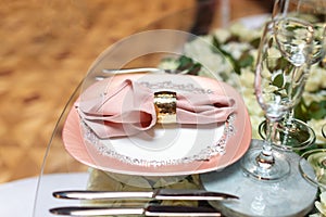 Elegant wedding table arrangement, floral decoration, restaurant