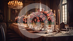 Elegant wedding table decoration with flower arrangement generated by AI