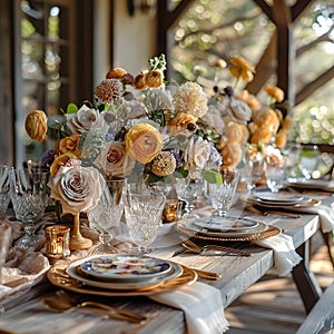 Elegant wedding table set with flowers, tableware, and drinkware