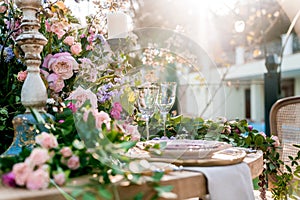 An elegant wedding table setting in the garden