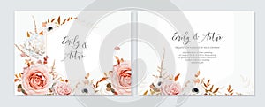 Elegant wedding vector invite. Golden, floral geometrical frame. Peach pink, white rose, anemone flowers, fall leaves, orange fern