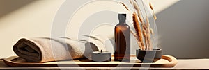 Elegant wellness setup with organic cosmetic oils and soft beige towel, accented by natural wheat.