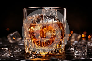 Elegant whiskey glass composition showcasing crystal-clear ice for premium cocktails and beverages
