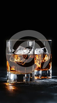 Elegant whiskey glasses filled with ice, amber liquid. Rich amber tones against dark background. Perfect drink for sophisticated photo