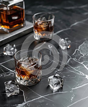 Elegant Whiskey on the Rocks on Marble Surface. Generative ai